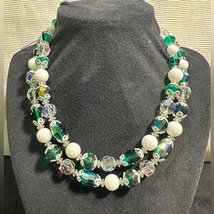 Vtg: VENDOME Green & Iridescent Glass Aurora Borealis Double Strand Necklace